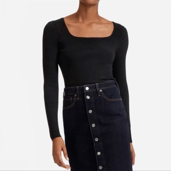 Everlane The Square Neck Long Puff Sleeve Ribbed Knit Sweater Top Black Small - Picture 9 of 9